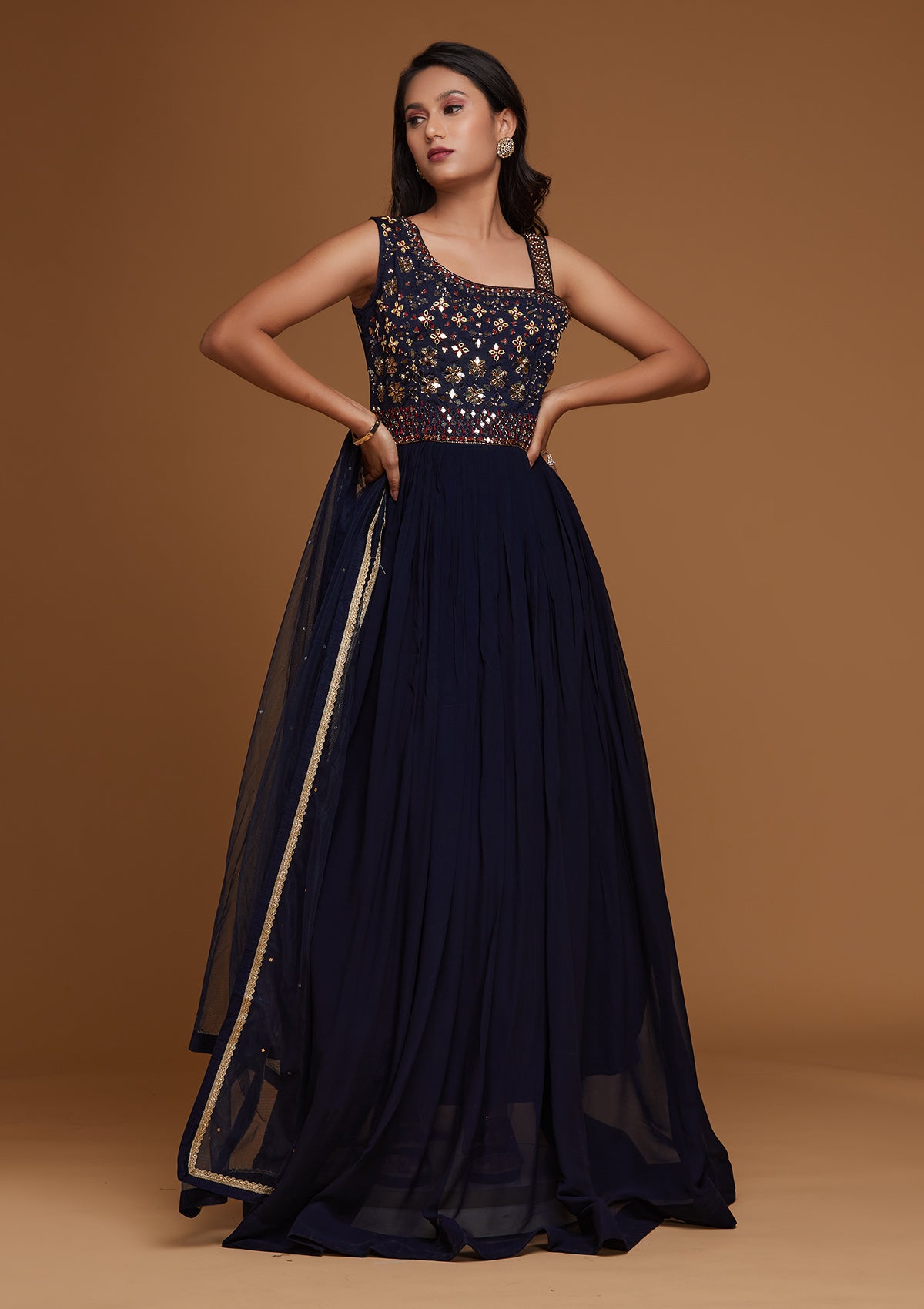 Buy Navy Blue Mirrorwork Designer Gown Koskii