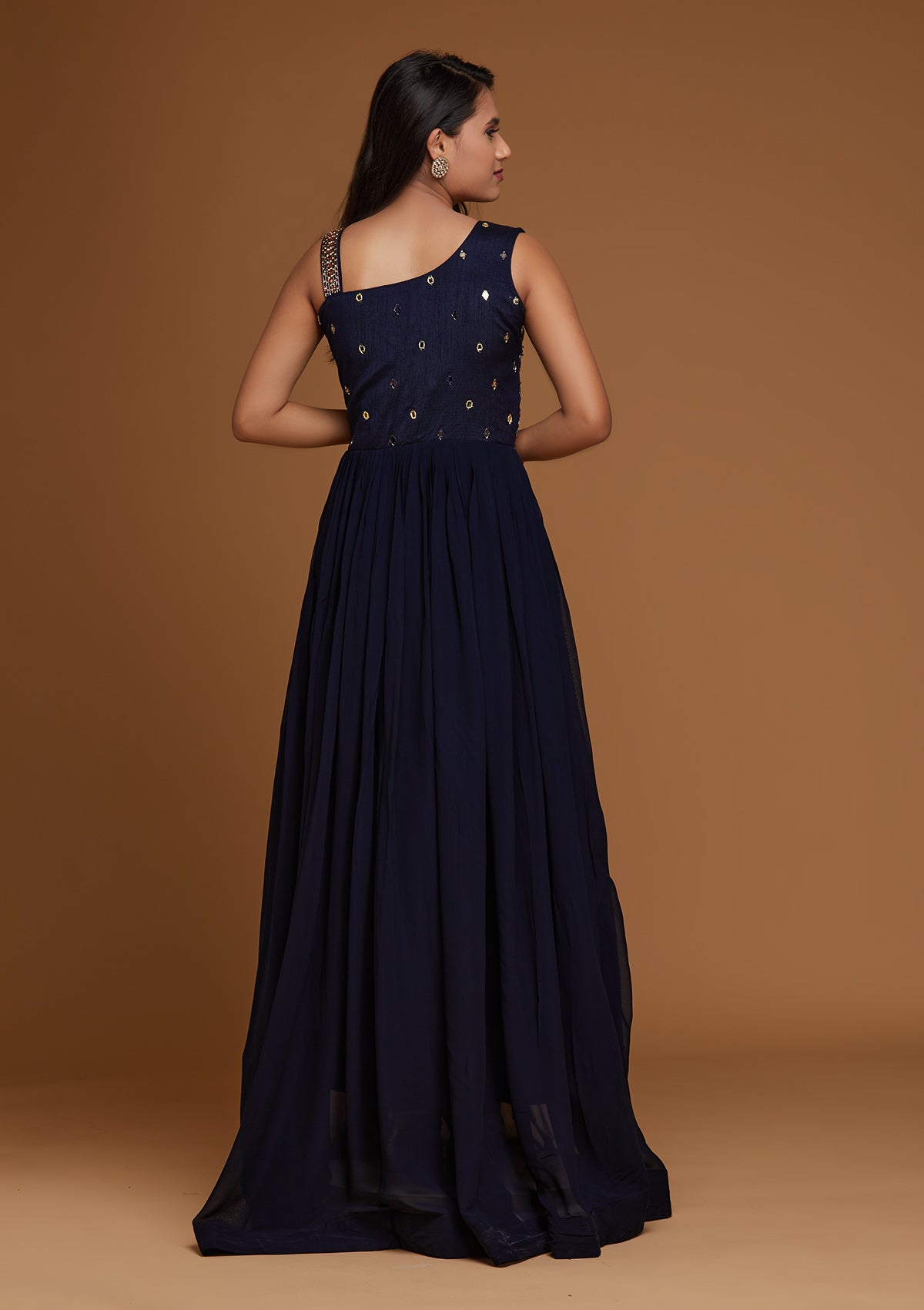 Navy Blue Mirrorwork Georgette Designer Gown - Koskii