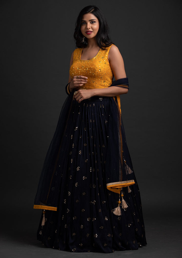 Navy Blue Mirrorwork Satin Designer Lehenga - koskii
