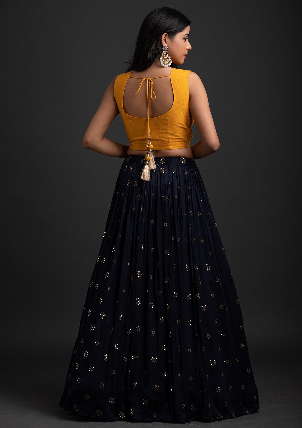 Navy Blue Mirrorwork Satin Designer Lehenga - koskii