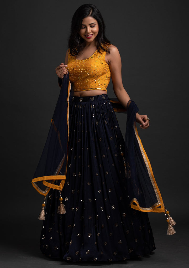 Navy Blue Mirrorwork Satin Designer Lehenga - koskii