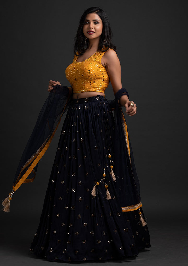 Navy Blue Mirrorwork Satin Designer Lehenga - koskii