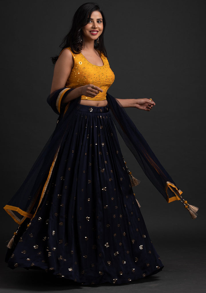 Navy Blue Mirrorwork Satin Designer Lehenga - koskii