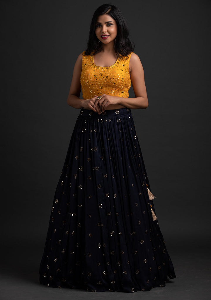 Navy Blue Mirrorwork Satin Designer Lehenga - koskii