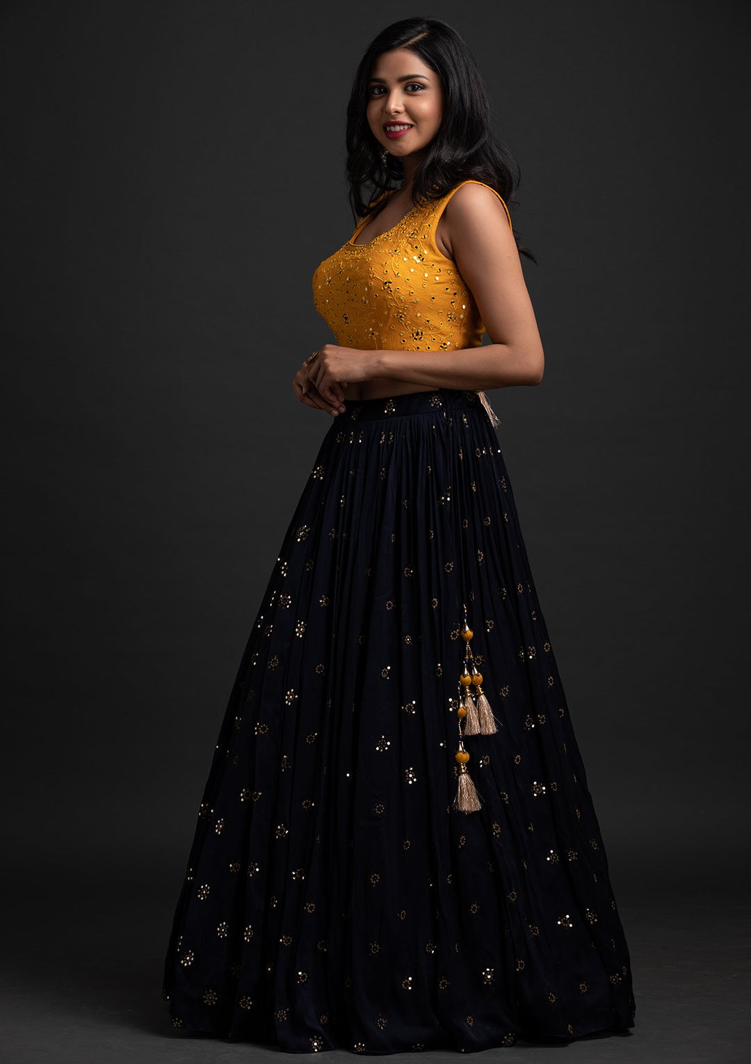 Navy Blue Mirrorwork Satin Designer Lehenga - koskii