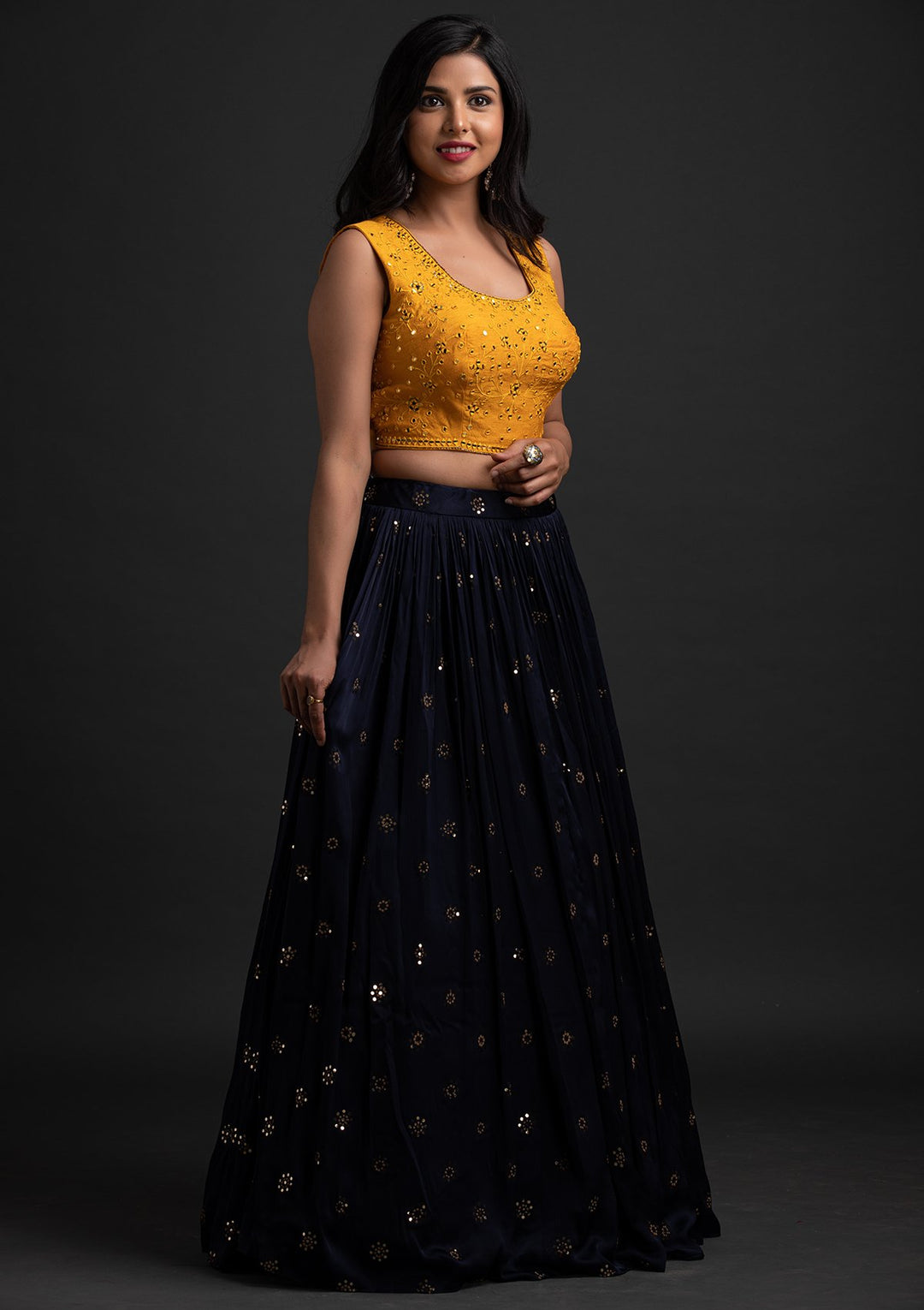 Navy Blue Mirrorwork Satin Designer Lehenga - koskii