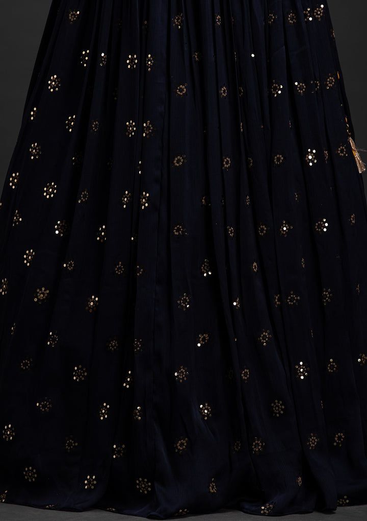 Navy Blue Mirrorwork Satin Designer Lehenga - koskii