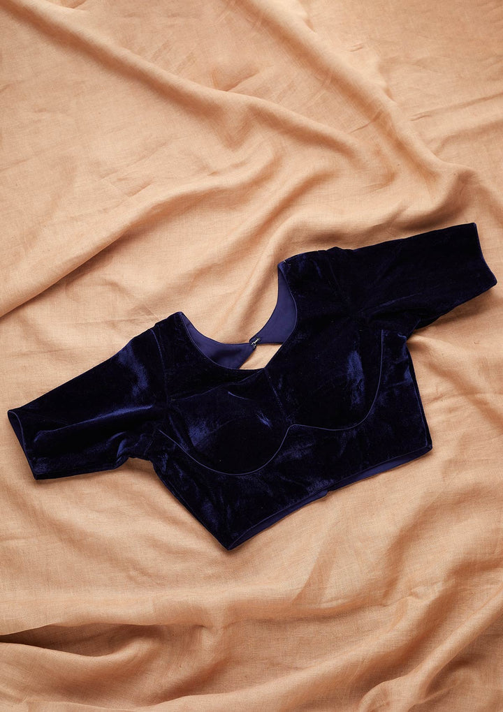 Navy Blue Solid Velvet Readymade Blouse-Koskii