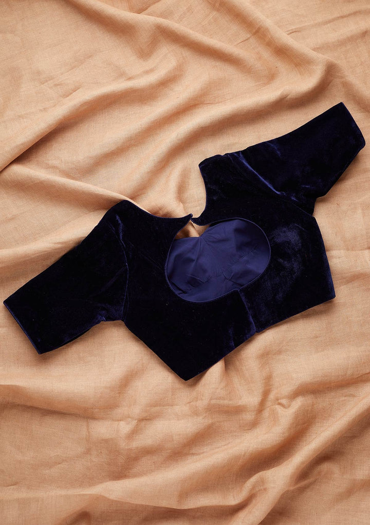 Navy Blue Solid Velvet Readymade Blouse-Koskii