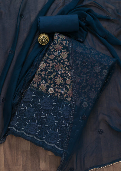 Navy Blue Printed Semi Crepe Unstitched Salwar Suit-Koskii
