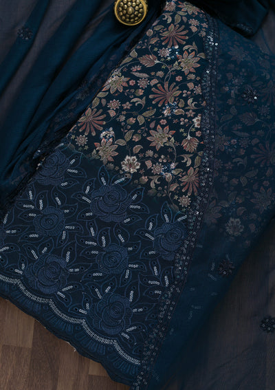 Navy Blue Printed Semi Crepe Unstitched Salwar Suit-Koskii