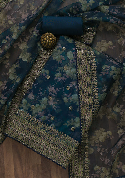 Navy Blue Printed Tissue Unstitched Salwar Suit-Koskii