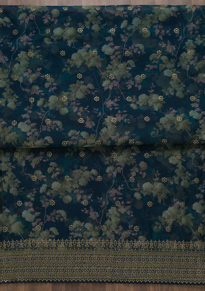 Navy Blue Printed Tissue Unstitched Salwar Suit-Koskii