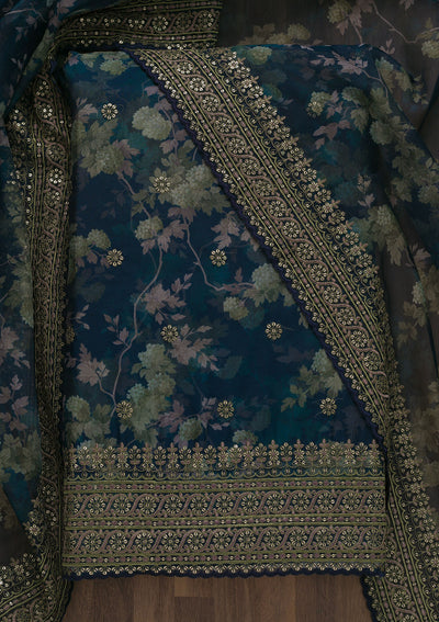 Navy Blue Printed Tissue Unstitched Salwar Suit-Koskii
