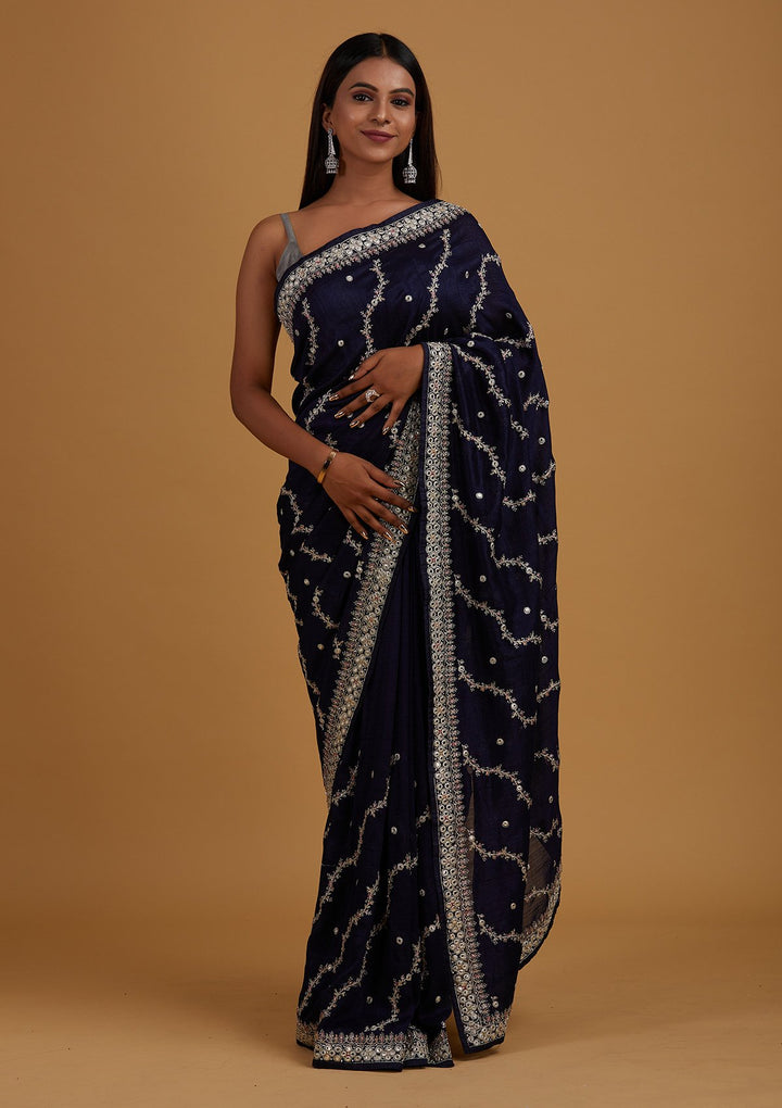 Navy Blue Silver Zariwork Raw Silk Designer Saree - Koskii