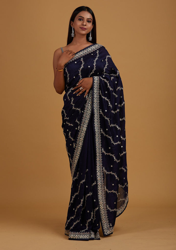 Navy Blue Silver Zariwork Raw Silk Designer Saree - Koskii