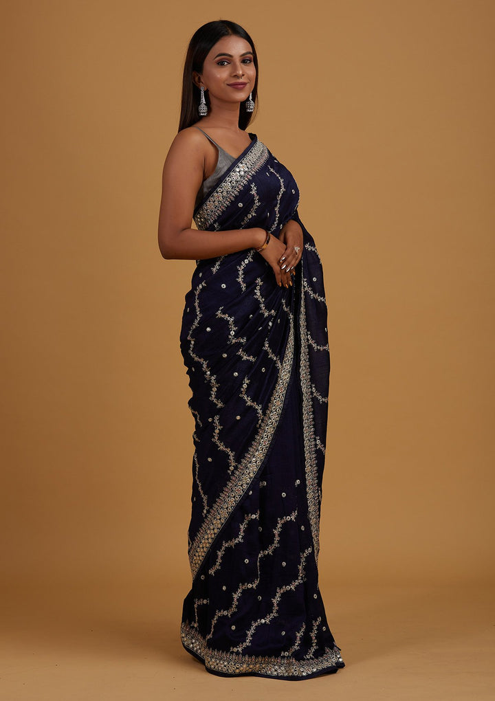 Navy Blue Silver Zariwork Raw Silk Designer Saree - Koskii