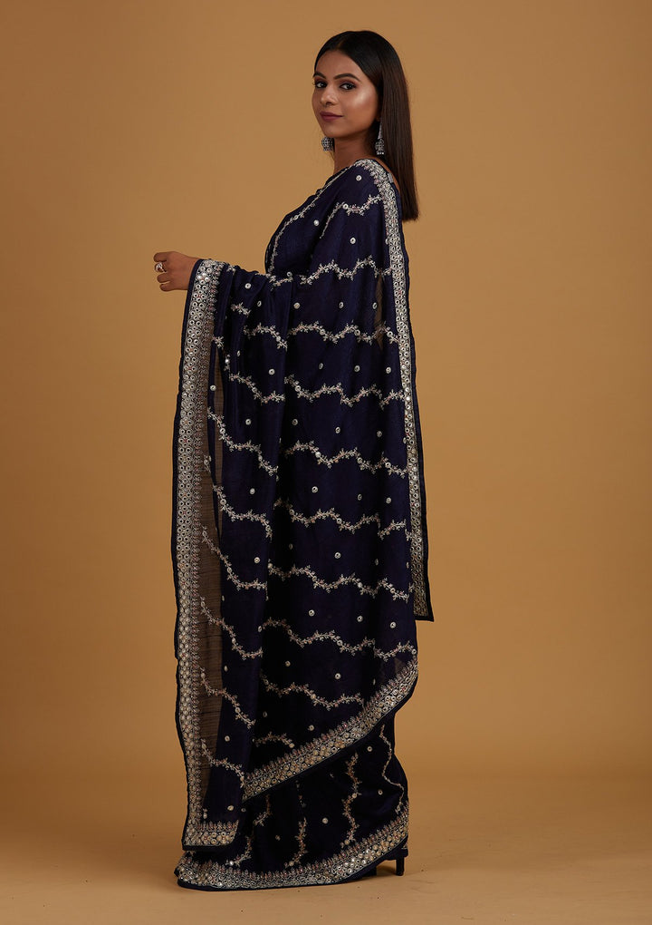 Navy Blue Silver Zariwork Raw Silk Designer Saree - Koskii