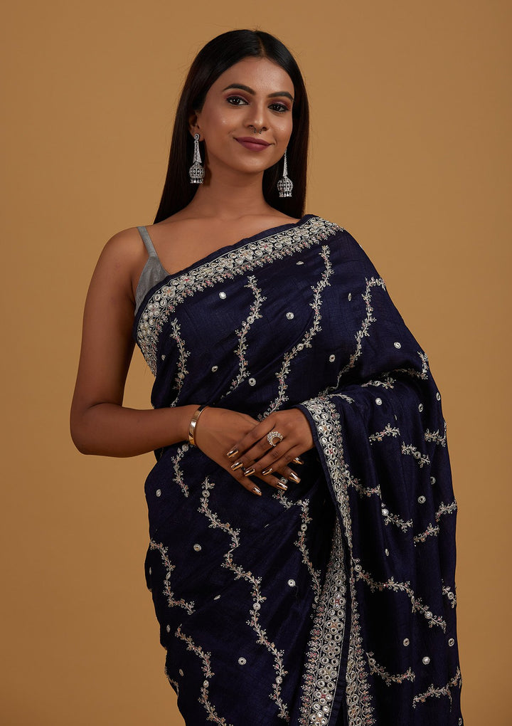 Navy Blue Silver Zariwork Raw Silk Designer Saree - Koskii