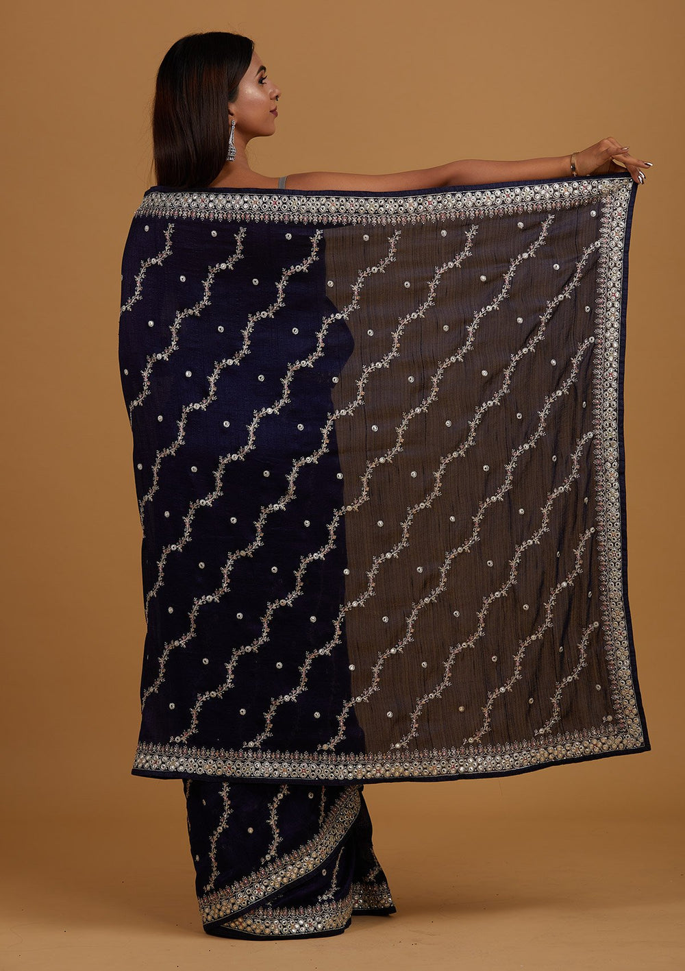 Navy Blue Silver Zariwork Raw Silk Designer Saree - Koskii