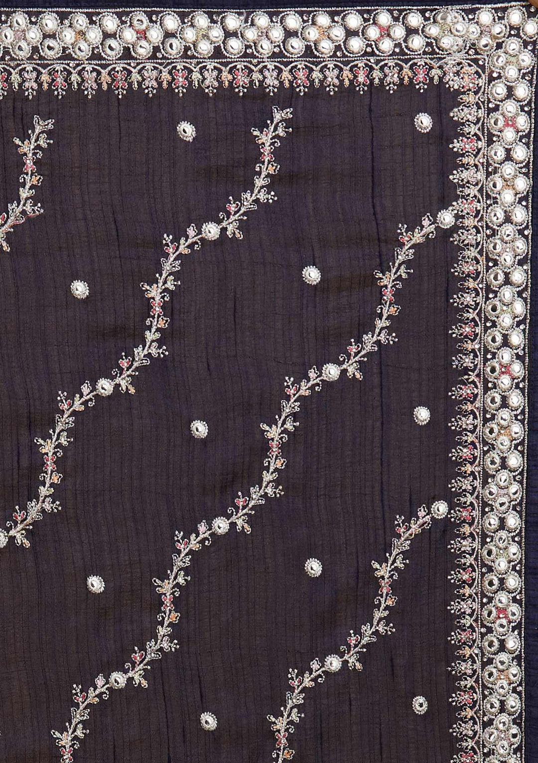 Navy Blue Silver Zariwork Raw Silk Designer Saree - Koskii