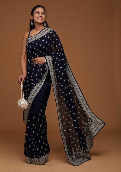 Navy Blue Silver Zariwork Raw Silk Saree - Koskii