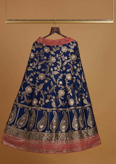 Navy Blue Sequins Banarasi Designer Semi-Stitched Lehenga - koskii