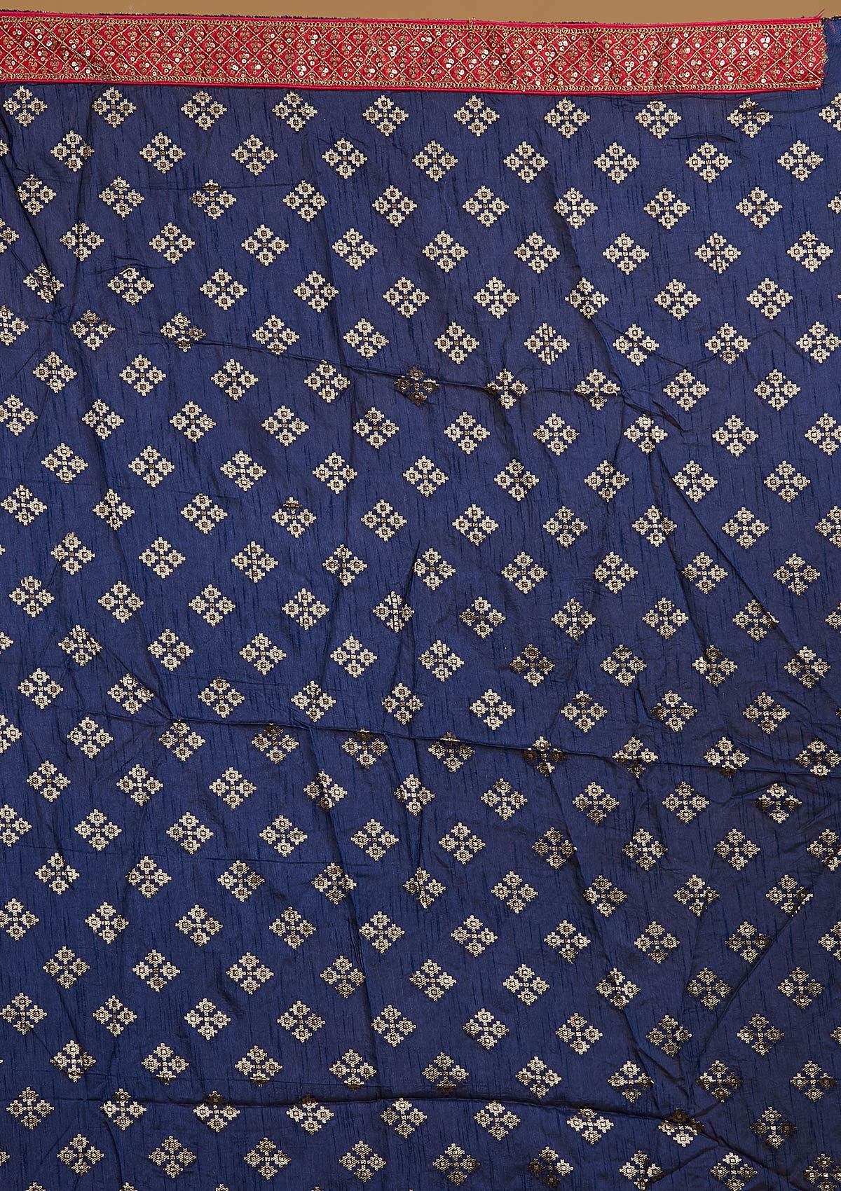 Navy Blue Sequins Banarasi Designer Semi-Stitched Lehenga - koskii