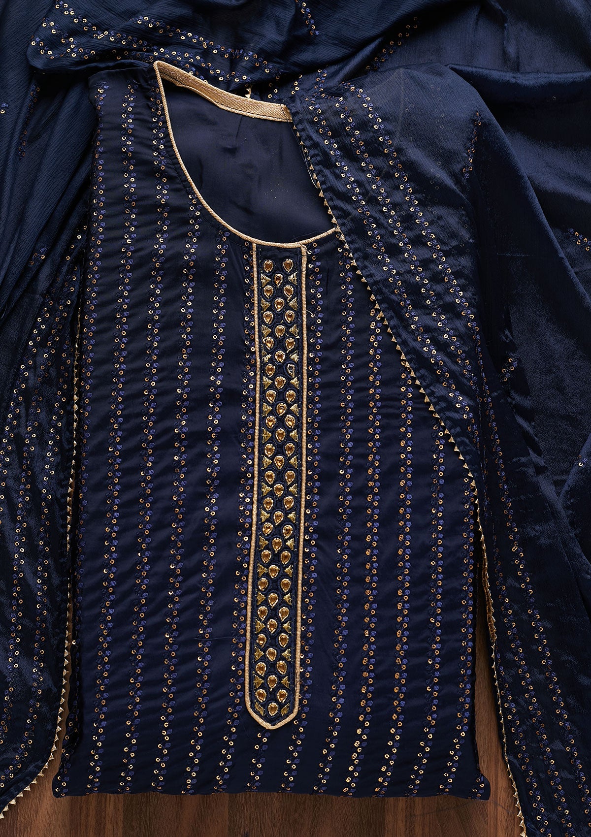 Navy Blue Sequins Georgette Designer Semi-Stitched Salwar Suit - Koskii