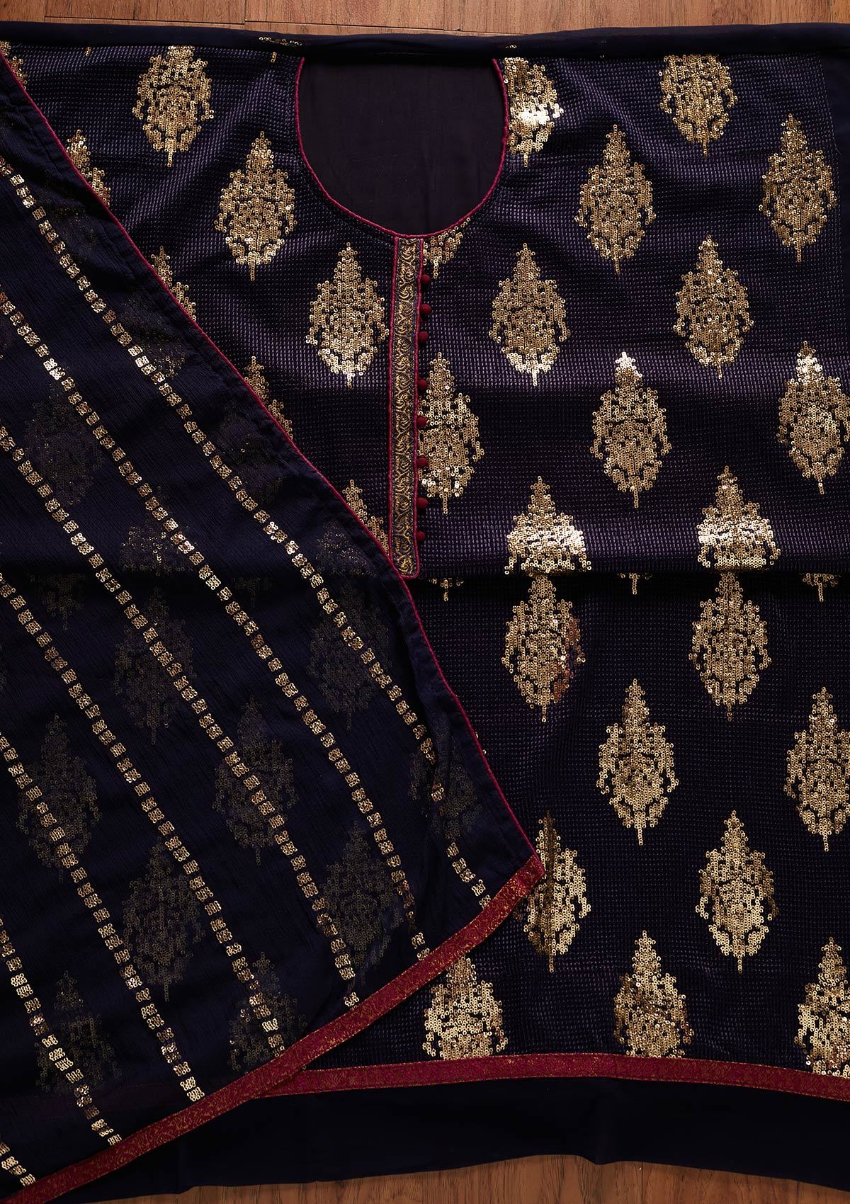 Navy Blue Sequins Georgette Designer Unstitched Salwar Suit - koskii