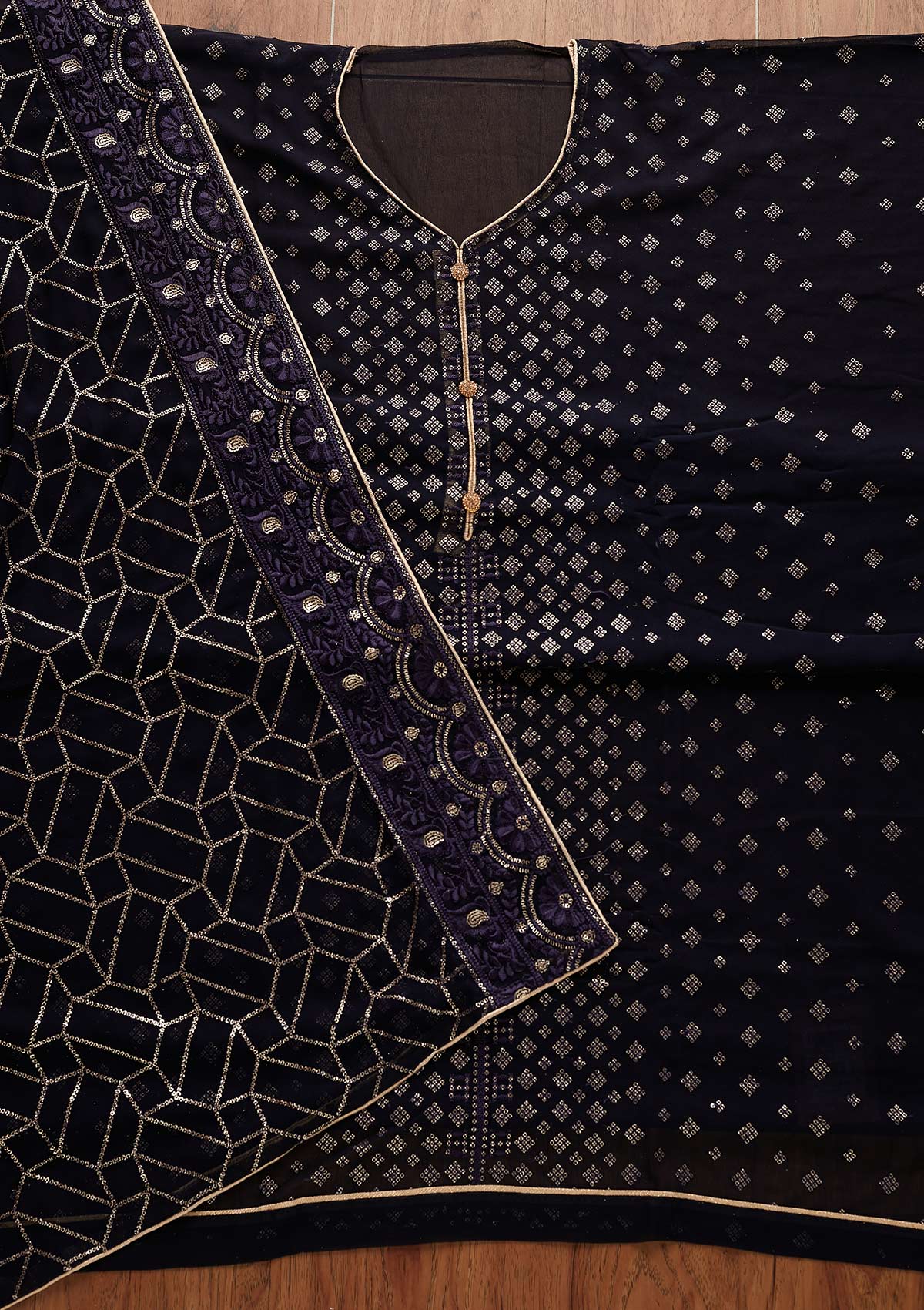 Navy Blue Sequins Georgette Designer Unstitched Salwar Suit - Koskii