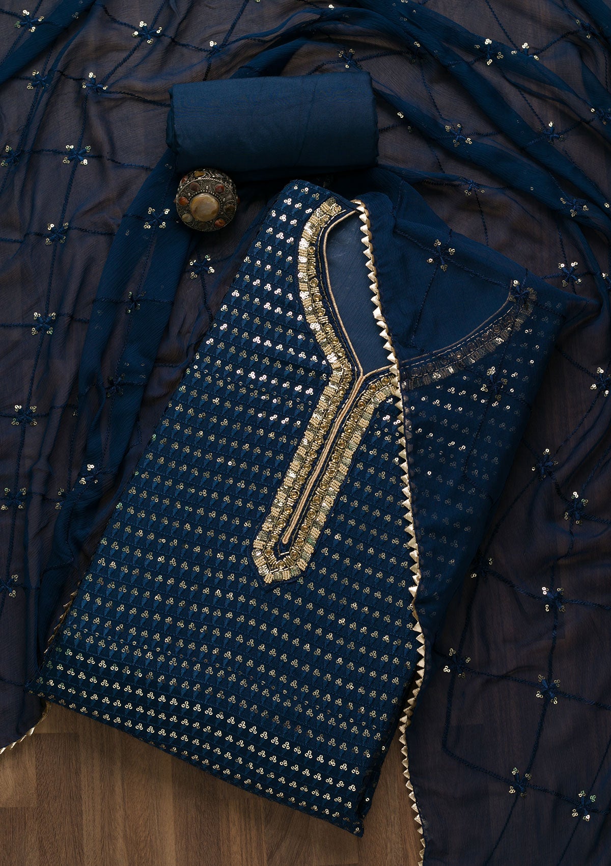 Navy Blue Sequins Georgette Unstitched Salwar Suit-Koskii