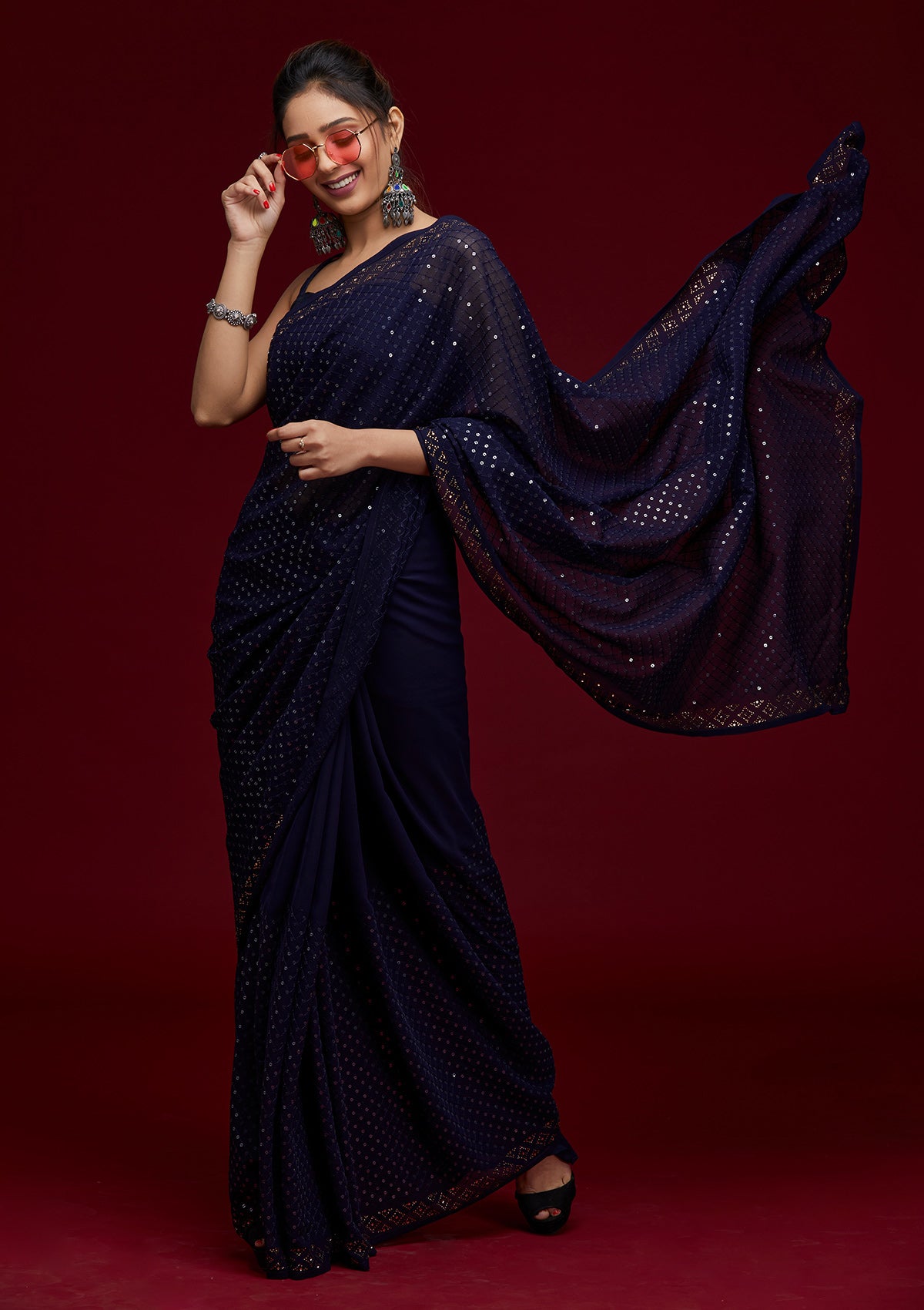Navy Blue Sequins Georgette Saree- Koskii