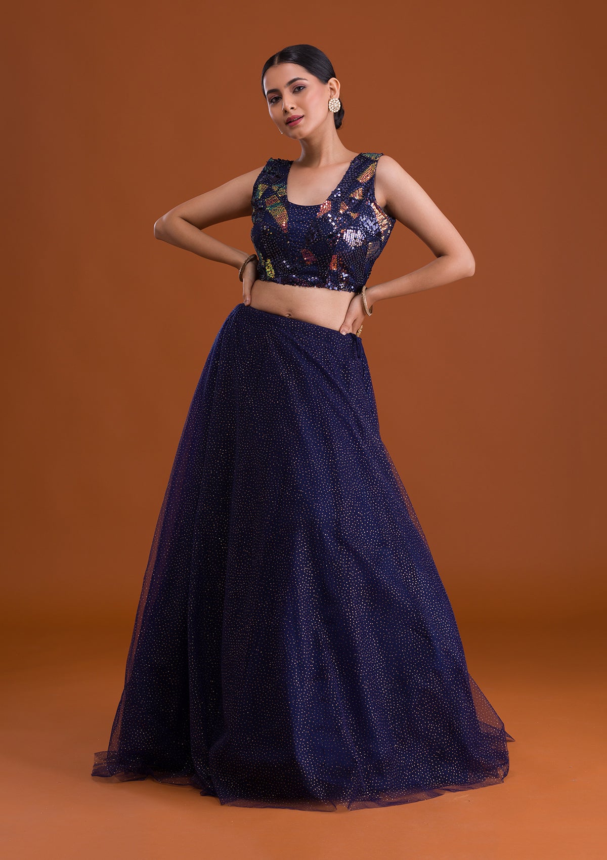 Buy Navy Blue Sequins Net Readymade Lehenga Koskii