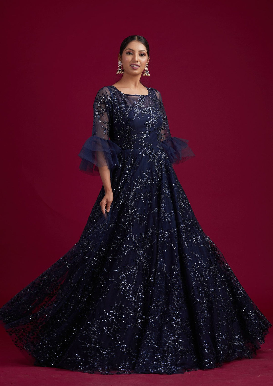 Navy Blue Sequins Net Designer Gown - koskii