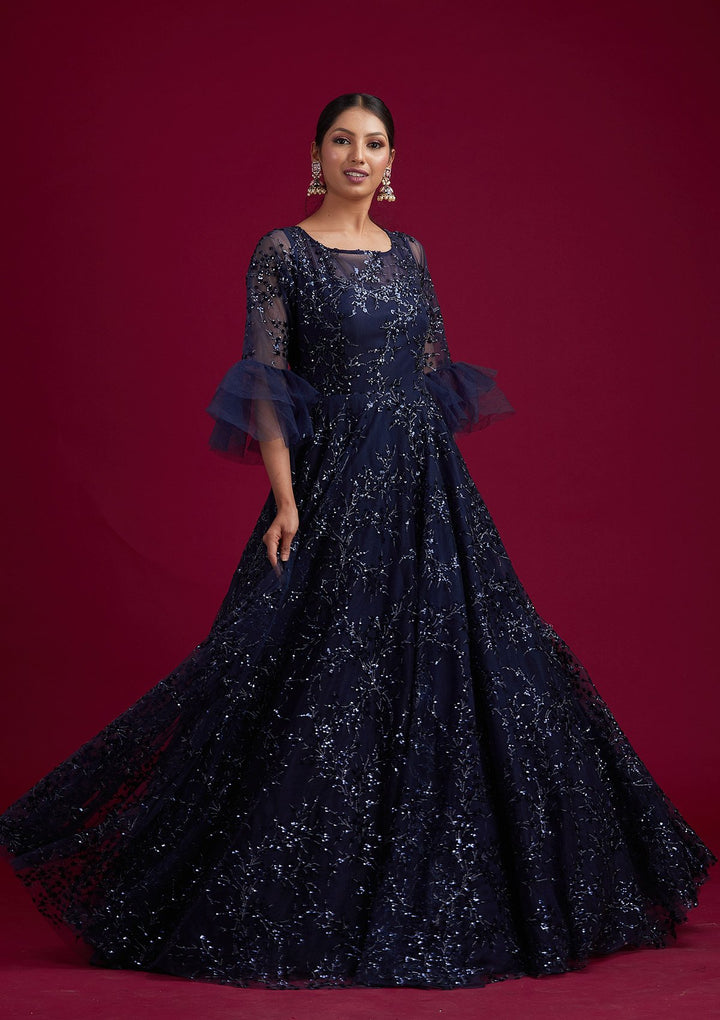 Navy Blue Sequins Net Designer Gown - koskii