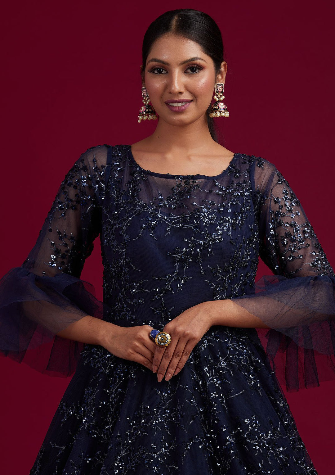 Navy Blue Sequins Net Designer Gown - koskii