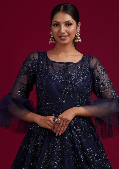 Navy Blue Sequins Net Designer Gown - koskii