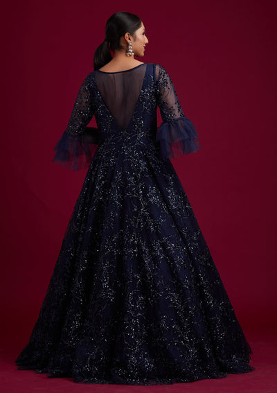 Navy Blue Sequins Net Designer Gown - koskii