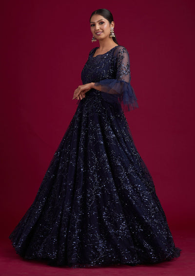 Navy Blue Sequins Net Designer Gown - koskii
