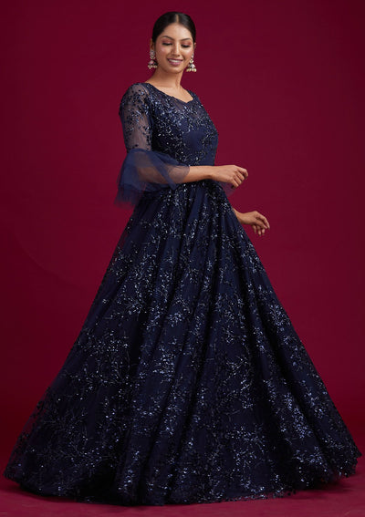 Navy Blue Sequins Net Designer Gown - koskii