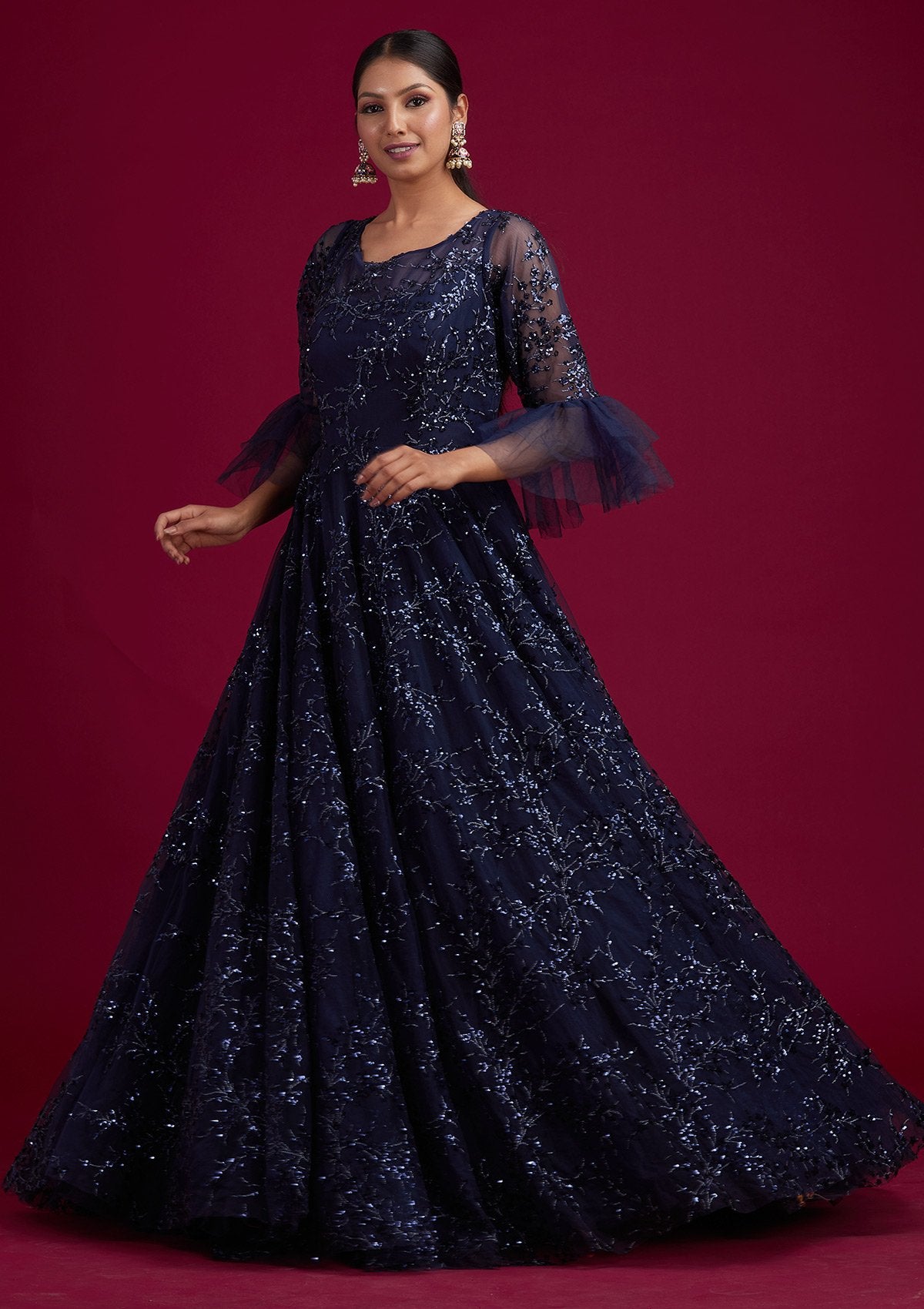 Navy Blue Sequins Net Designer Gown - koskii