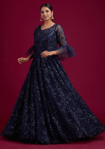 Navy Blue Sequins Net Designer Gown - koskii