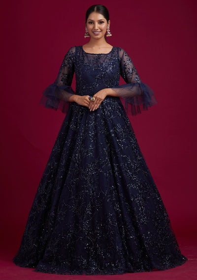 Navy Blue Sequins Net Designer Gown - koskii
