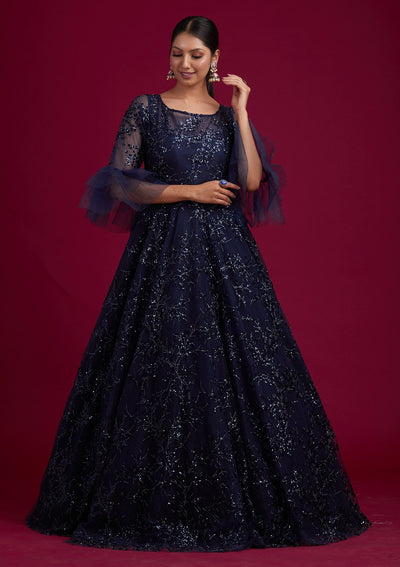Navy Blue Sequins Net Designer Gown - koskii