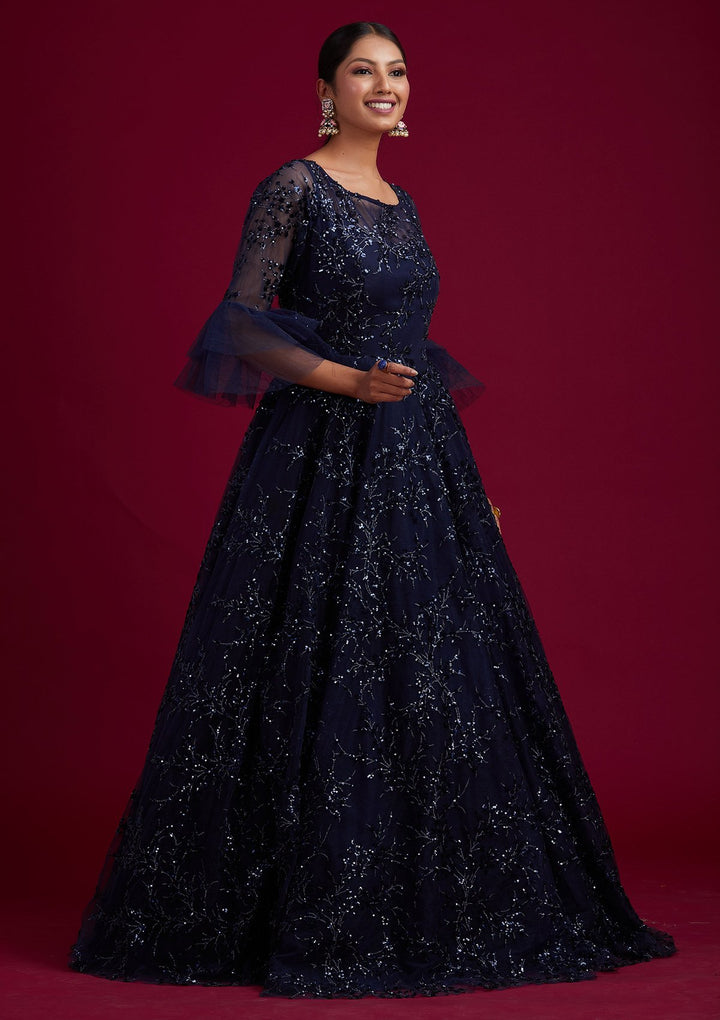 Navy Blue Sequins Net Designer Gown - koskii