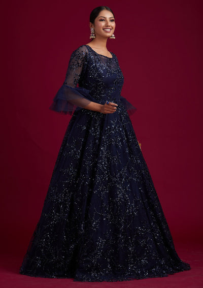 Navy Blue Sequins Net Designer Gown - koskii