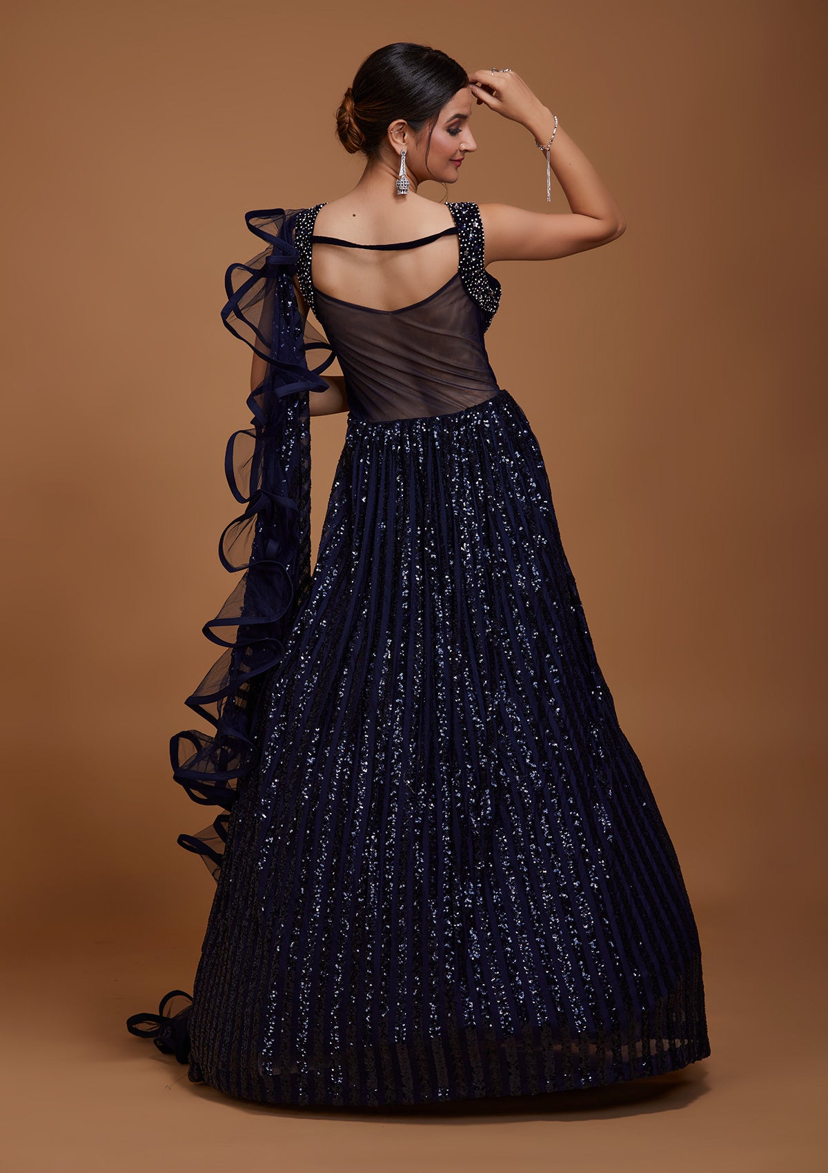 Navy Blue Sequins Net Gown-Koskii
