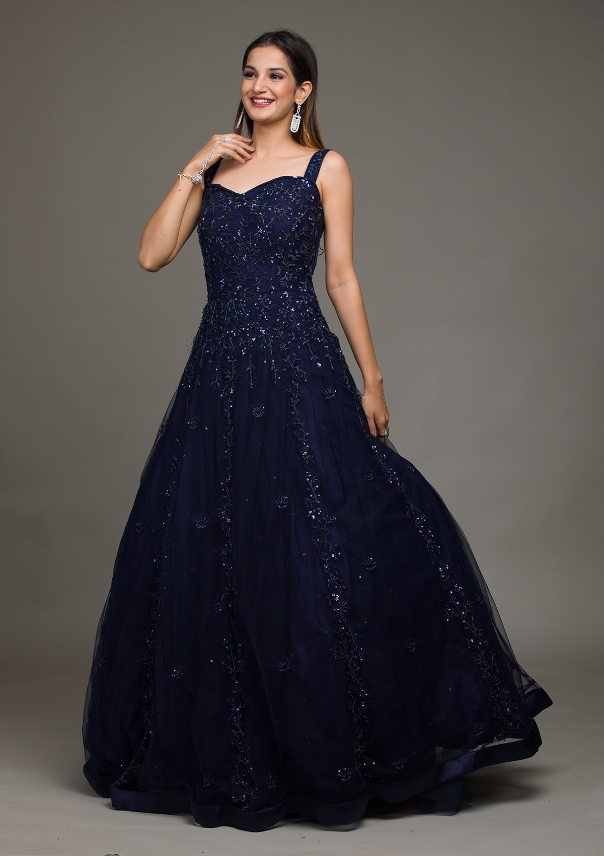 Buy Navy Blue Sequins Raw Silk Gown - Koskii
