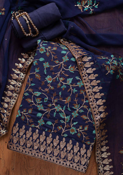 Navy Blue Sequins Semi Crepe Designer Unstitched Salwar Suit - koskii